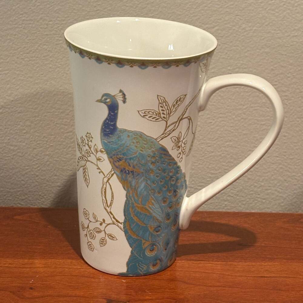 222 Fifth Peacock Garden Tall Latte Mug Teal & Gold Porcelain 16 oz. 6"